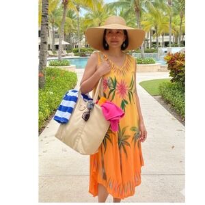 True Rock Tropical Hand Painted Ombre Handkerchief Hem Midi Dress Yellow Orange